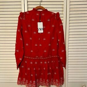 Zara Vibrant Red Women Dress with White Accents